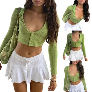 Women's T-Shirt Button Down Lapel Shirt, Sexy Long Sleeve Solid Color Slim Fit Crop Tops 2021 Fashion
