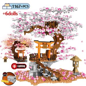 SEMBO Street View Idea Shrine Bricks Sakura Stall Bricks City Friends Cherry Blossom Landscape House Tree Building Block Toys Q0624