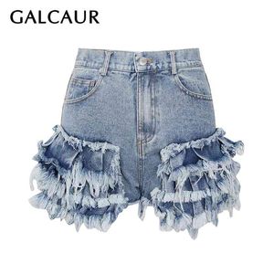 Galcaur designer denim shorts för kvinnor hög midja patchwork tofsar asymmetrisk blå avslappnad kort byxor kvinnlig sommar 210611