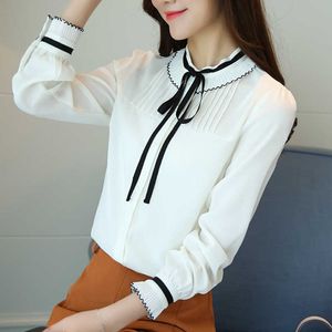 Koreanische Chiffon Frauen Shirts Büro Dame Weißes Hemd Langarm Frau Solide Bogen Blusen Damen Tops Plus Größe XXL 210531