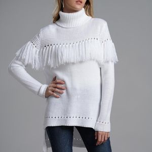 Frauen Rollkragen Winter Pullover Lange Pullover Weibliche Mode Schlanke Seite Schlitz Weiße Pullover Frauen Gestrickte Quaste Kleidung 210521