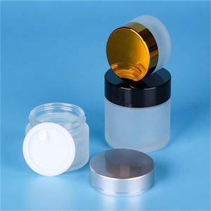 Vaso di vetro smerigliato Bottiglia di crema per il viso Contenitore cosmetico ricaricabile 5g 10g 15g 20g 30g 50g Bottiglie di balsamo per labbra per lozione Imballaggio con coperchi oro argento nero