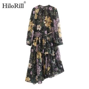 Women Floral Print Vintage Chiffon Dresses O Neck Ruffle Asymmetrical Long Sleeve Sashes Boho Midi Sundress 210508