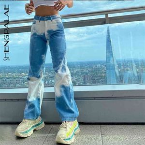 Jesień Damska Streetwear Jeans Moda Wysoka Talia Slim Contrast Color Tie Dye Dorywczo Kowbojskie Spodnie Trendy 5A128 210427