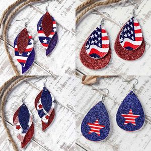 Wholesale American Independence Day Printed Flag Five-pointed Star Pu Leather Earrings Multi-layer Leaf Sequins Tassel Earrings X0709 X0710
