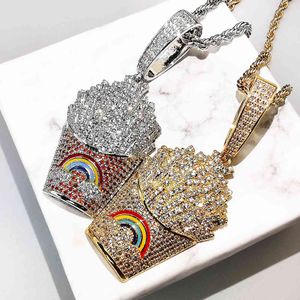 Iced Out French Fries Shape Pendants With Tennis Chain 2 Colors AAA Zircon Necklace Hip Hop Jewelry Gifts X0509