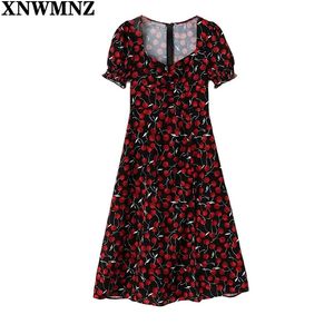 Sommar Vintage Party Dress Square Collar Ruffle Elegant Sexig Kvinna Röd Frukt Tryckt Mid Es Vestidos Robe 210520