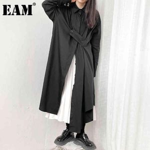 [EAM] Kobiety Czarny Vent Długi Nieregularny Wielki Rozmiar Bluzka Lapel Z Długim Rękawem Loose Fit Koszula Moda Wiosna Jesień 1DD7032 21512