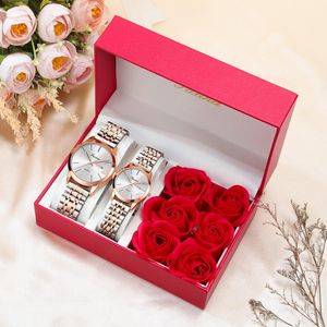 Vattentät Par Klockor För Kvinnor Män Smycken Set Rose Flower Quartz Armbandsur Lovers Valentines Day Present Drop Armbandsur