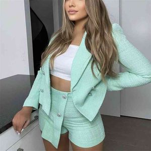 Elegant Woman Mint Green Tweed Blazer Coat Spring Fashion Ladies Button Jacket Female Streetwear Outwear 210515