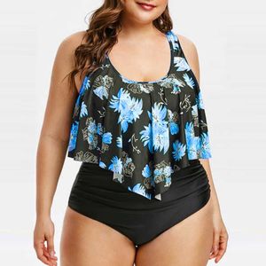 Swimsuit Novo Bikini Cintura Alta Ruffle Imprimir Swimsuit Striped Split Bikini Plus Size Beachwear Ternos de Banho Mulher 2021 Y0820