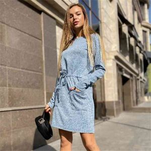 Foridol solid elegant dress with pockets women autumn winter lace up short casual dress vestidos 210415