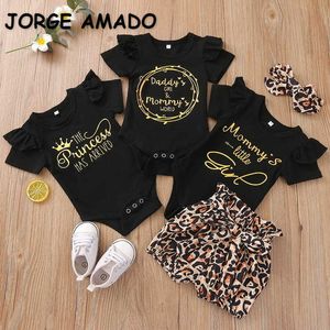 Alla hjärtans dag Flickor Outfits Black Crown Brev Kortärmad Jumpsuit + Leopard Bow Shorts Baby Girl Kläder E22186 210610