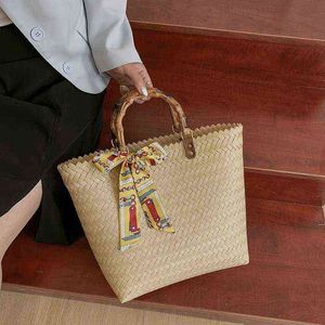 Beach Bags Straw Bag Female National Style Literary Scarves Woven Portable Vegetable Basket 220301