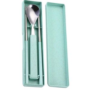 Chopsticks 2st Wheat Halm Porslin Set Portable Spoon Outdoor Camping Bestick Travel Rostfritt Stål Värmeprogram (Spoo