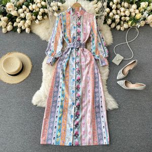 Maxi långa klänningar för kvinnor Rainbow Print Dress Sleeve Lace Up Waist Elegant Vintage Harajuku Kläder Vestidos de Mujer 210428