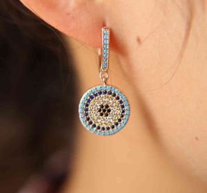 925 Sterling Silver Luksusowe Kobiety Biżuteria Gold Color Turkish Evil Eye Micro Pave Nano Turquoises Dynda Disco Charm Earring