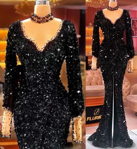 Sparkly Arabic Sexy Black Sequined Prom Dresses Front Split Long Sleeve Mermaid Evening Dress High Neck Party Second Reception Gowns