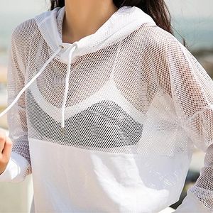 Yoga Outfit Сетка Верхняя Спортивная Рубашка Фитнес Женщины Летние Капюшон Длинный Рукав Спортивная одежда Для Дамы Тренировки Тренажерный зал T