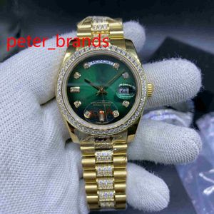 Высококачественные автоматические мужские часы 36 мм Золотой чехол камни BEZEL Зеленое лицо и бриллианты в середине браслета алмазных наборов Наручные часы