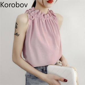 Korobov Korean Solid Elegant Office Lady Chiffon Vest Vintage Halter Sexy Sleeveless Chic Tank Top Summer Boho Camis 210430
