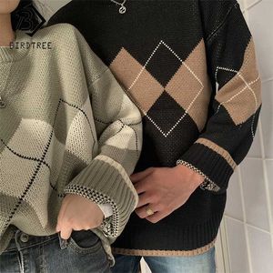 Geometric Pattern Argyle Pullovers Spring Autumn Loose Oversized O-Neck Knitted Sweaters Korean College Style Ladies Jumper 211011