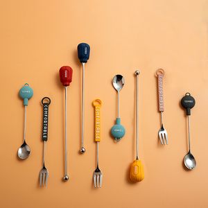 Fruit Coffee Spoon Stick Lång handtag rostfritt stål Flatvaror Bekväm gaffelglassdesserter Scoops