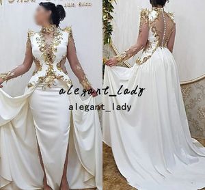 White Mermaid Aso Ebi Arabic Evening Pageant Dresses with Overskirt 2022 Gold Applique Long Sleeve Karakou Algerie Prom Dress
