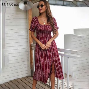 Vintage Short Sleeve Midi Dress Women Summer 2021 Fashion Casual Woman Off Shoulder Slim Print Office Ladies Dresses Elegant Y0823