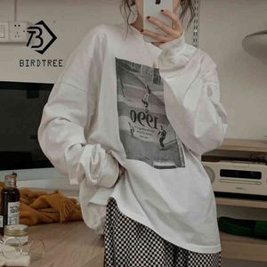 Spring Women's Vintage Picture Printed Cotton T Shirt Långärmad O Neck Loose Tee Casual Koreansk stil Kontor Tops Lady T12940X 210416