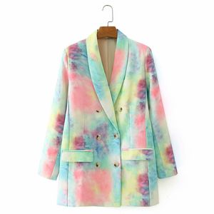 [EWQ] Primavera nuova dolce donna giacca manica lunga doppio petto moda donna tie-dye stampato abito abiti outwear tendenza cappotto 210423