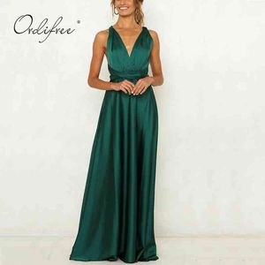 Lato Kobiety Satin Long Party Długość Piętro Lace Up Sexy Backless Faux Silk Maxi Dress 210415