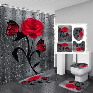 4 pcs Rose Print 3D Shower Curtain Waterproof Polyester Bathroom Curtain Anti-slip Bath Mats Set Toilet Rugs Carpet Home Decor 211223