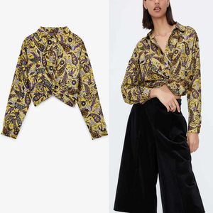 Za Vintage Print Knotted Crop Shirt Women Long Sleeve Lapel Collar Casual Smock Blouse Female Front Button Short Top 210602