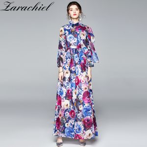 Herbst Mode Runway Maxi Frauen Charming Floral Print Chiffon Boho Holiday Party Schärpen Große Swing Lange Kleider + Schal 210416