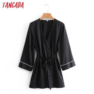 Tangada Kobiety Oversized Kimono Dress z Slash V Neck Długi Rękaw Damska Luźna Mini Sukienka Vestidos 3A88 210609