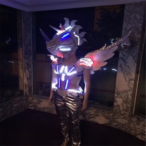 Dekoracja imprezowa KS20 Bar Dance LED Costume Costume Stage Stage Men Wings Bodysuit wykonuj srebrną zbroję ubrania dj wea