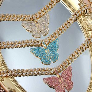 Flatfoosie Iced Out Miami Cuban Chain Women Multicolor Full Rhinestone Big Butterfly Pendant Necklace Jewelry Gift