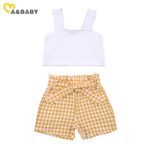 2-7Y Summer Toddler Child Kid Girl Clothes Set Sleeveless Ruffle Vest Tops Bow Yellow Plaid Shorts Outfit Travel Holiday 210515