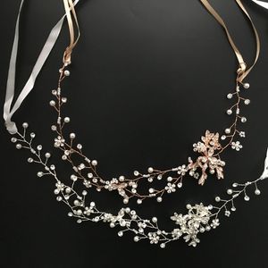 Slbridal Rose Gold Crystal Rhinestone Pearls Akcesoria ślubne Vine Hairband Heatband Pałąk Bridal Biżuteria