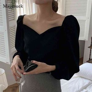 Camicetta da donna stile coreano vintage colletto quadrato manica lunga camicia nera con spalle scoperte top da donna sexy Blusas Mujer 13101 210512