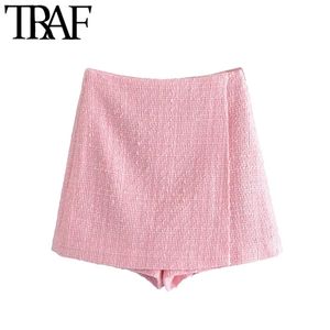 Women Chic Fashion Check Tweed Shorts Skirts Vintage High Waist Side Zipper Female Skorts Mujer 210507