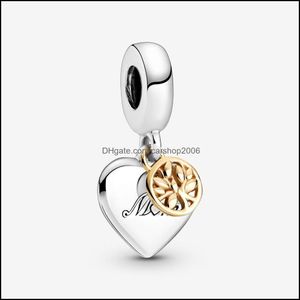 Charms smyckesfynd komponenter 100% 925 Sterling Sier Two-Tone Family Tree Heart Dangle Fit Original European Charm Armband Fashion w