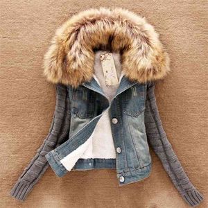 Women Spring Fall Denim Jacket Faux Fur Coat Fashion Casual Winter Overcoat Tops Female Knit Stitching Jeans OverCoats 201020