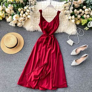 V-Ausschnitt Sexy Kleid Frauen Solide Vintage Mode Vestidos Koreanische Strand Stil Sommer Kleider A-linie 15653 210415