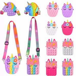 Cute Unicorn Simple Dimple Messenger Bag Fidget Toys Push Bubble Anti-stress Portafoglio portachiavi giocattolo per bambini