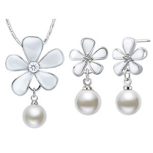 935 Sterling Silver Set CZ Wedding Women Jewelry Earring and Pendant Set Freshwater Simulated Pearl for Wedding Bridals