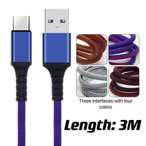 3M / 9FT 고속 마이크로 USB 유형 C 케이블 충전 데이터 동기화 금속 전화 어댑터 두께 강한 꼰 충전기 케이블