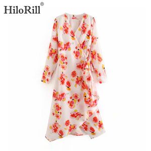 Floral Print Midi Dress Women V Neck Boho Beach Wrap Female Long Sleeve Irregular Elegant Party Robe 210508