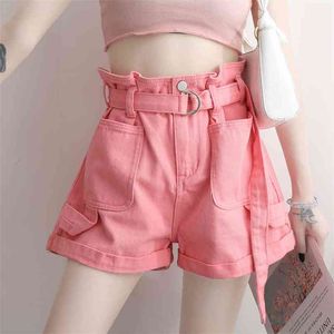 Denim retro shorts mulheres primavera verão perna larga com cinto calças casuais rosa jeans branco cintura alta c6129 210621